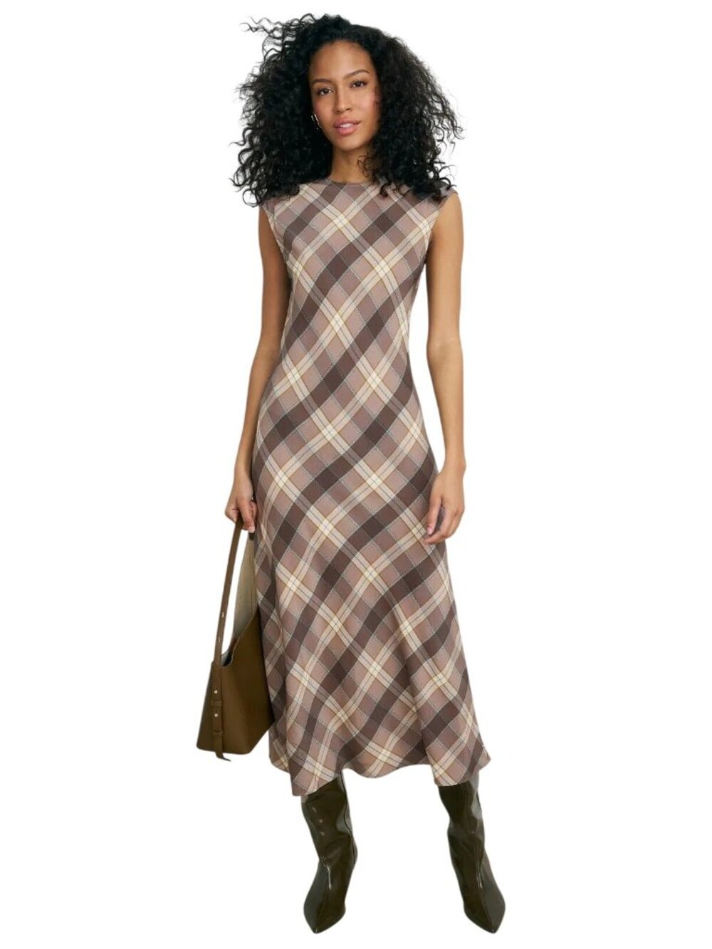 Argent Minimal Bias Dress in Brown Plaid Womens Midi Long